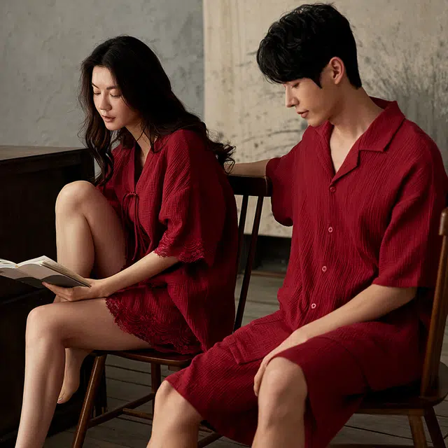 俏薇妮 本命年结婚复古喜庆翻领开衫短袖短裤家居服纯棉简约舒适透气休闲宽松可外穿睡衣套装 女款 红色
