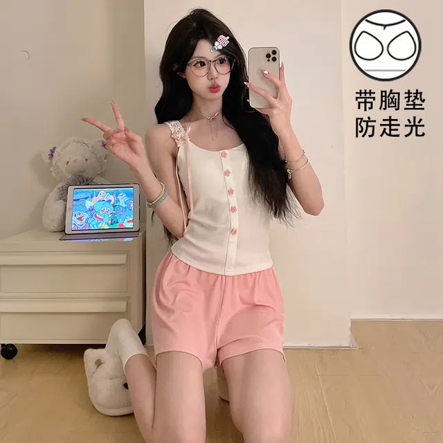 俏薇妮 简约柔软时尚可爱大气高级感带胸垫家居服舒适透气休闲宽松可外穿无袖夏季睡衣套装 女款