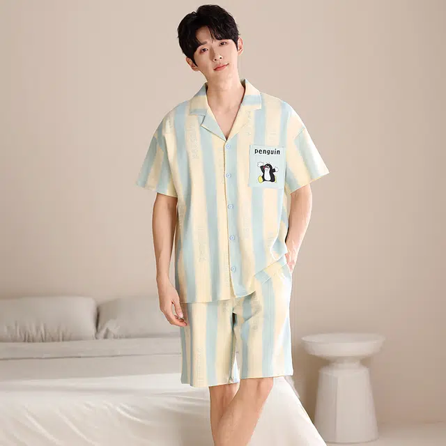 俏薇妮 柔软纯棉简约字母翻领短袖高级感家居服休闲宽松舒适凉爽透气可外穿睡衣套装 男款 黄色