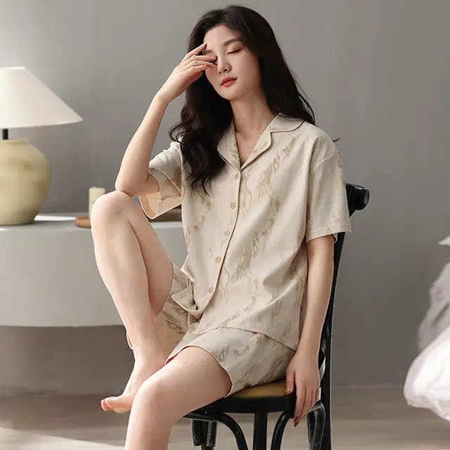俏薇妮 简约柔软纯棉时尚优雅翻领短袖高级感家居服休闲宽松舒适凉爽透气可外穿睡衣套装 女款 黄色