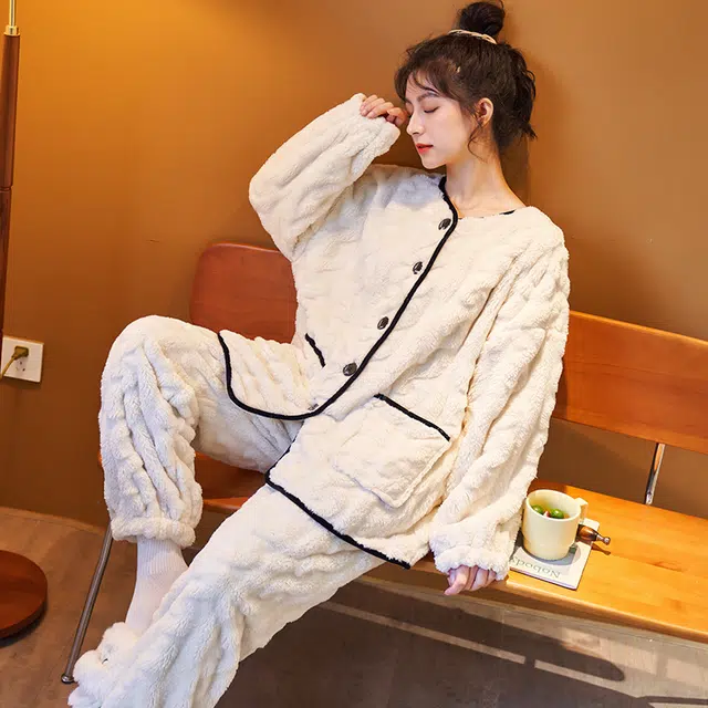 俏薇妮 纯色简约开衫家居服加厚保暖休闲舒适可外穿睡衣套装 女款 米白色