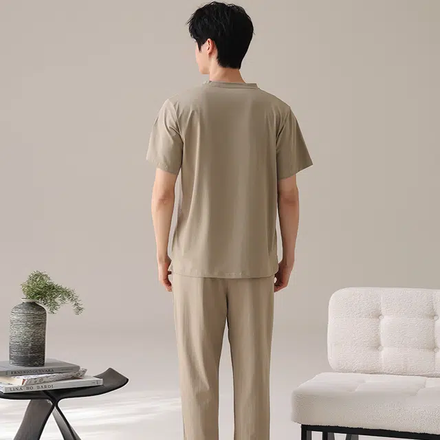 俏薇妮 休闲凉感简约柔软纯棉纯色时尚潮流短袖长裤家居服舒适透气可外穿夏季睡衣套装 男款