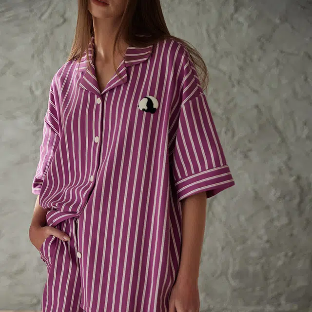 俏薇妮 简约柔软条纹高级感短袖家居服舒适透气睡衣套装 女款 粉红色