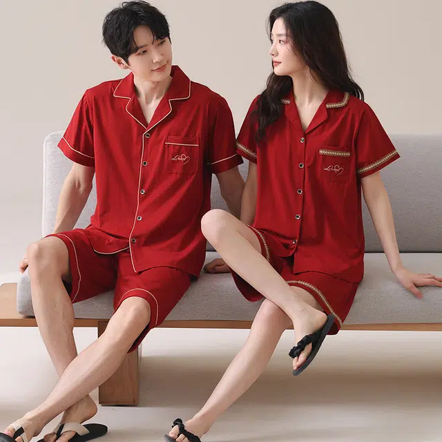 俏薇妮 简约时尚纯色高级感家居服喜庆心形凉感薄款短袖短裤舒适休闲可外穿夏季睡衣套装 男女同款 红色