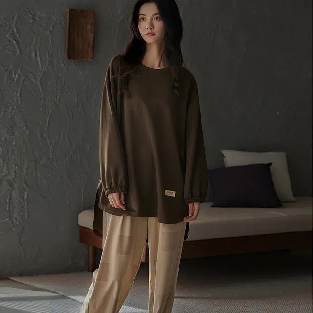 俏薇妮 美拉德睡衣女春秋款纯棉长袖圆领套头休闲大码宽松可外穿 家居套装  女款  棕色