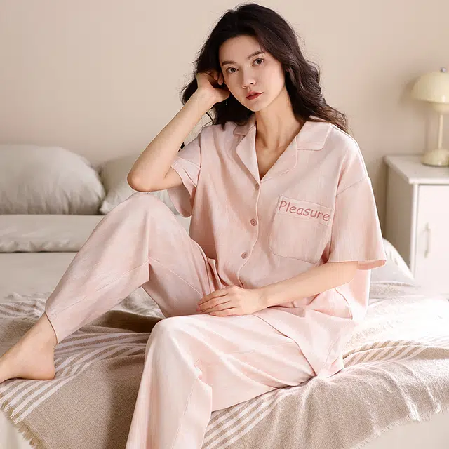 俏薇妮 柔软纯棉舒适时尚翻领短袖家居服休闲宽松实用可外穿睡衣套装 女款 粉红色