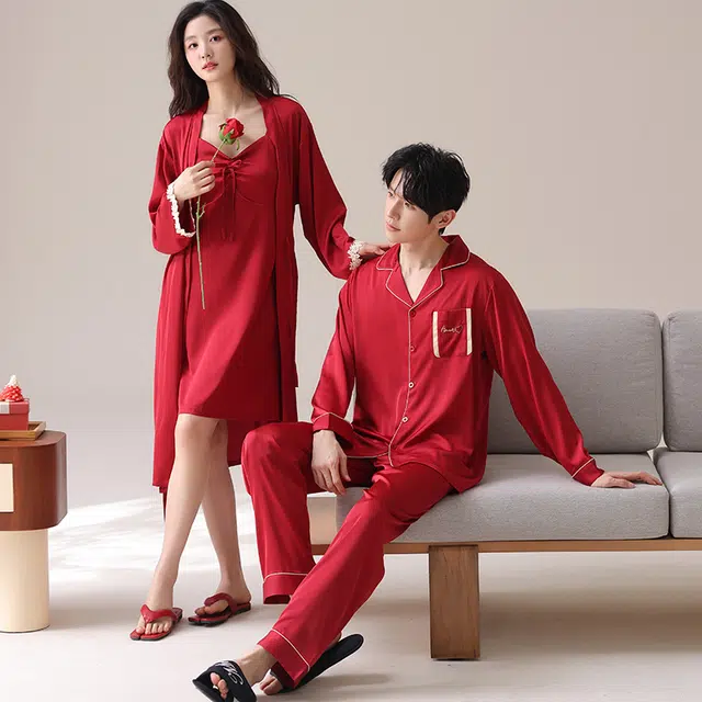 俏薇妮 简约时尚纯色喜庆高级感家居服凉感薄款翻领长袖长裤吊带带胸垫舒适休闲可外穿夏季睡衣套装 男女同款 红色
