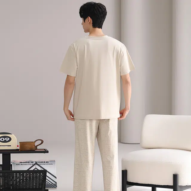 俏薇妮 简约凉感柔软高级感时尚短袖长裤家居服舒适透气休闲宽松可外穿睡衣套装 男款