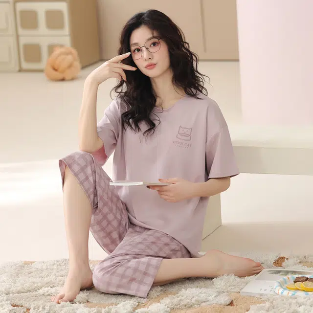 俏薇妮 纯棉简约柔软纯色带胸垫短袖格子高级感家居服休闲舒适凉爽透气可外穿睡衣套装 女款 粉红色