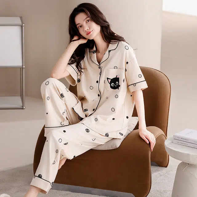 俏薇妮 柔软纯棉可爱舒适时尚翻领短袖家居服休闲宽松实用可外穿睡衣套装 女款 杏色