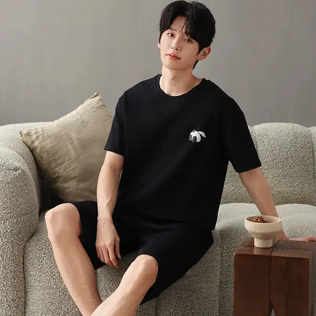俏薇妮 柔软简约纯棉纯色短袖高级感家居服休闲宽松舒适凉爽透气可外穿睡衣套装 男款 黑色