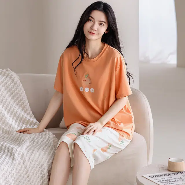 俏薇妮 简约纯棉可爱橙子高级感短袖七分裤带胸垫家居服柔软舒适透气休闲宽松凉感可外穿睡衣套装 女款