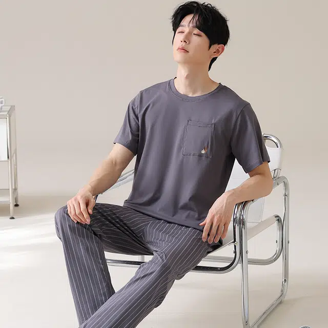俏薇妮 潮流简约柔软纯棉纯色时尚短袖长裤家居服舒适透气休闲宽松凉感可外穿夏季睡衣套装 男款