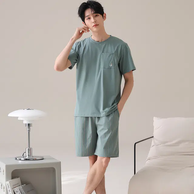 俏薇妮 柔软简约纯色高级感家居服慵懒舒适透气休闲凉感可外穿睡衣套装 男款
