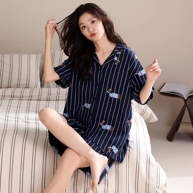 俏薇妮 柔软纯棉简约时尚条纹翻领短袖高级感家居服休闲宽松舒适凉爽透气可外穿睡衣套装 女款 蓝色