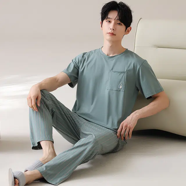 俏薇妮 柔软简约纯棉纯色时尚潮流短袖长裤家居服舒适透气休闲凉感可外穿夏季睡衣套装 男款