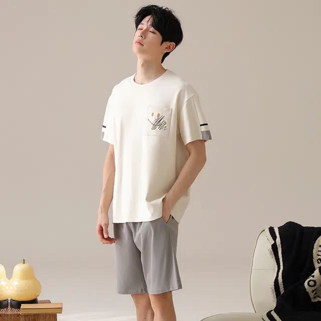俏薇妮 柔软简约高级感时尚短袖家居服舒适透气休闲凉感可外穿睡衣套装 男款