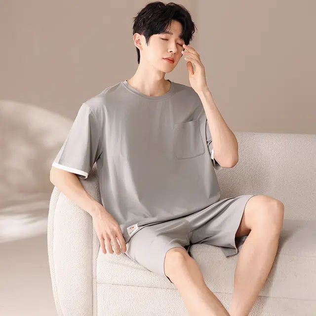 俏薇妮 简约冰丝凉感柔软高级感短袖短裤家居服舒适透气休闲宽松可外穿睡衣套装 男款