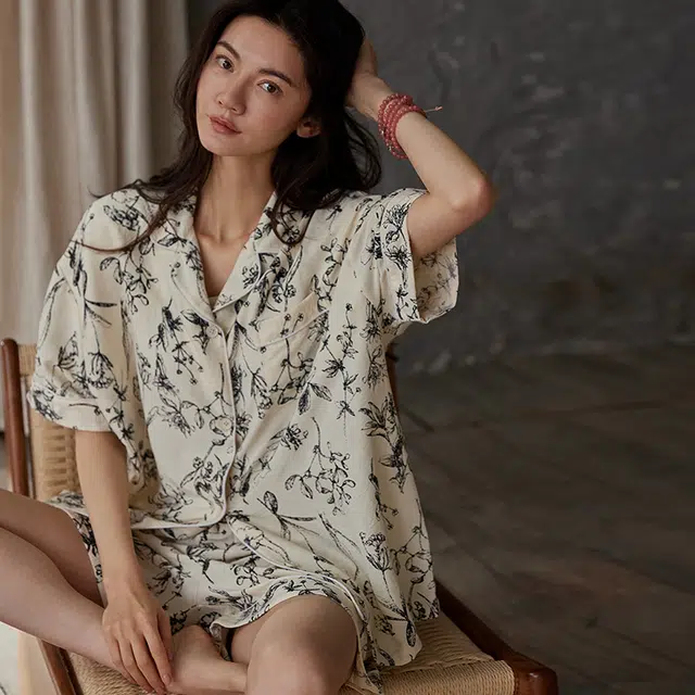 俏薇妮 简约柔软古风竹子高级感短袖睡衣套装 女款 米白色