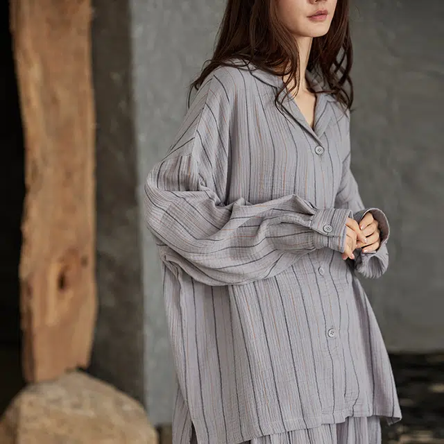 俏薇妮 简约纯棉纯色柔软条纹高级感长袖长裤睡衣套装 女款 灰色