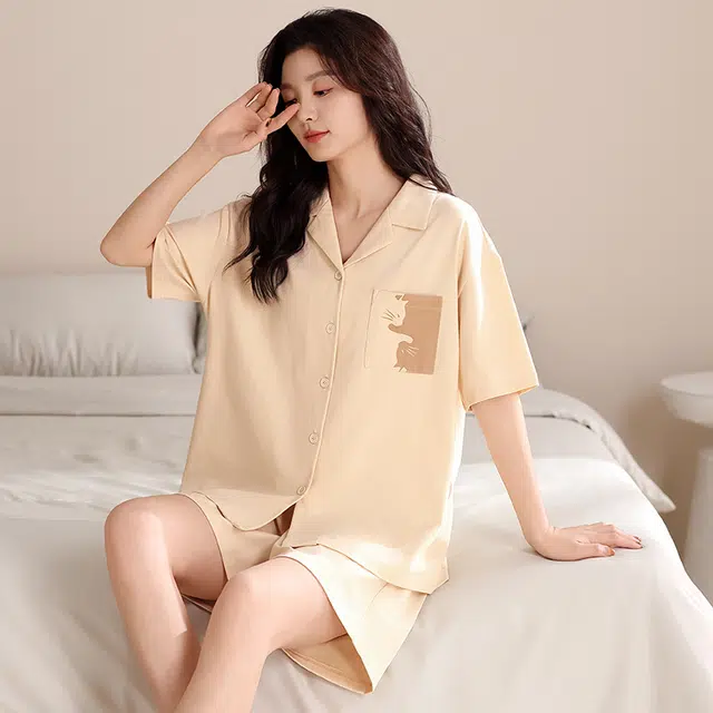 俏薇妮 简约柔软纯棉时尚温馨翻领短袖高级感家居服休闲宽松舒适凉爽透气可外穿睡衣套装 女款 杏色