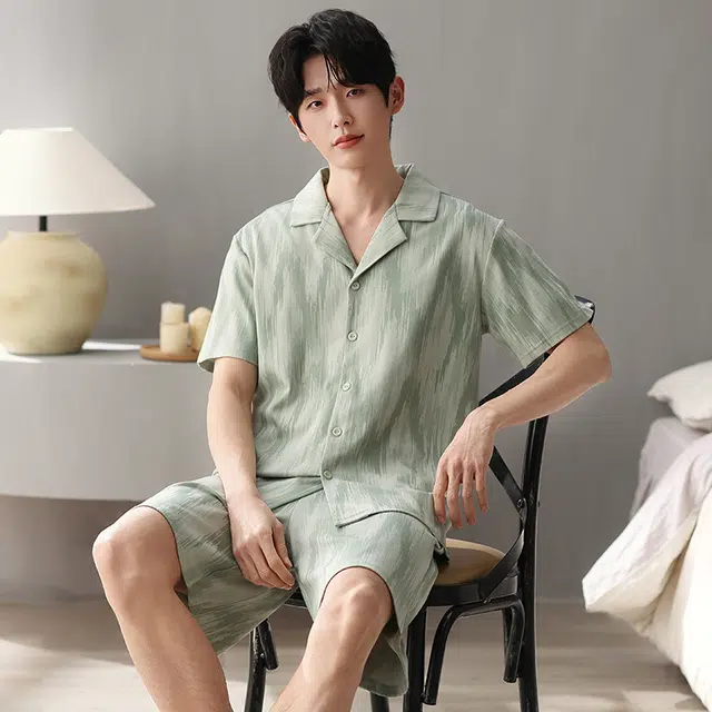 俏薇妮 柔软纯棉简约翻领短袖高级感家居服休闲宽松舒适凉爽透气可外穿睡衣套装 男款 浅绿色