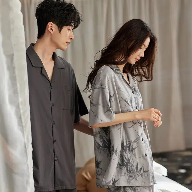 俏薇妮 简约柔软水墨画高级感短袖长裤家居服睡衣套装 女款 灰色