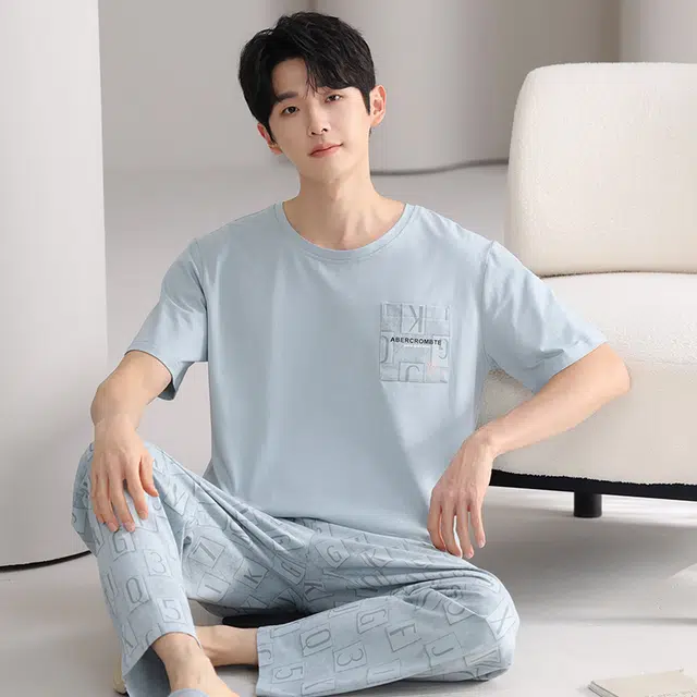 俏薇妮 简约凉感柔软高级感潮流小清新短袖长裤家居服舒适透气休闲宽松可外穿夏季睡衣套装 男款