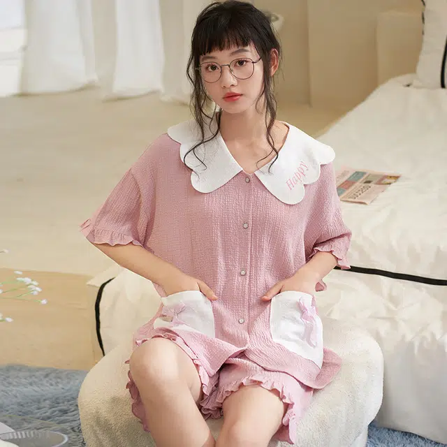 俏薇妮 简约温馨优雅大气高级感短袖短裤家居服休闲宽松舒适凉爽透气可外穿夏季睡衣套装 女款 粉红色
