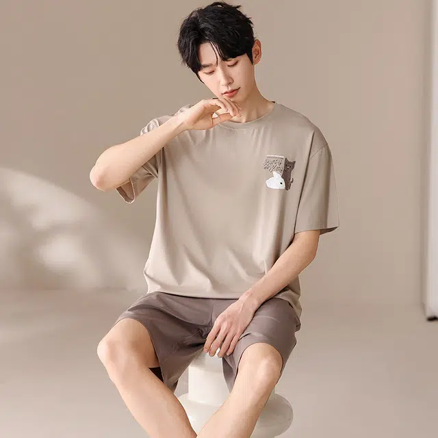 俏薇妮 简约冰丝凉感柔软高级感潮流时尚短袖短裤家居服舒适透气休闲宽松可外穿夏季睡衣套装 男款