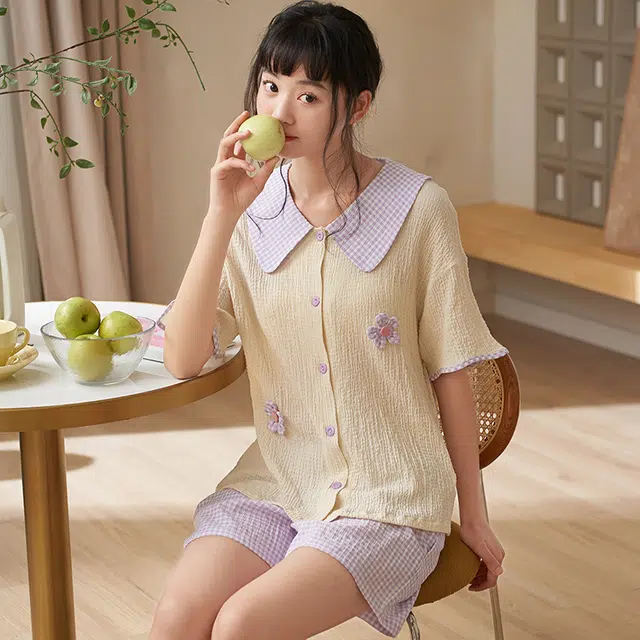 俏薇妮 简约小清新温馨可爱高级感短袖短裤家居服休闲宽松舒适凉爽透气可外穿夏季睡衣套装 女款 浅紫色