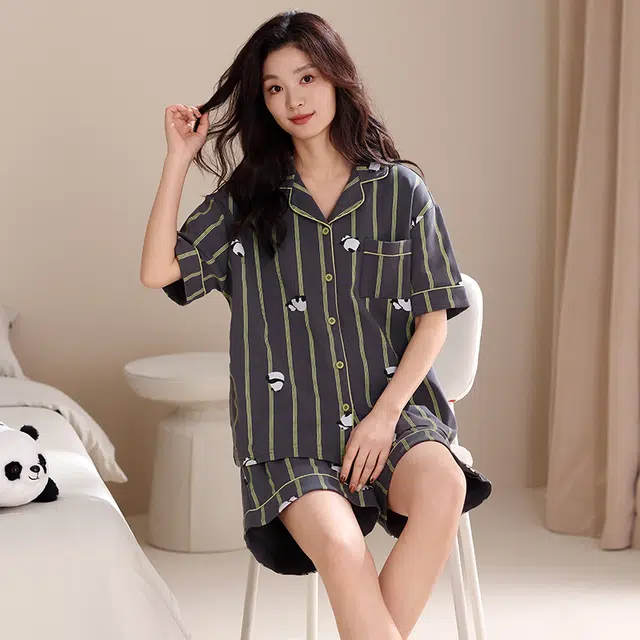 俏薇妮 柔软纯棉简约时尚大气翻领短袖高级感家居服休闲宽松舒适凉爽透气可外穿睡衣套装 女款 深灰色
