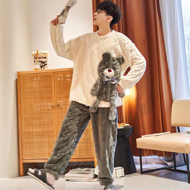 俏薇妮 法兰绒简约拼接小熊套头圆领家居服加绒加厚珊瑚绒超保暖舒适休闲可外穿睡衣套装 男款 灰色