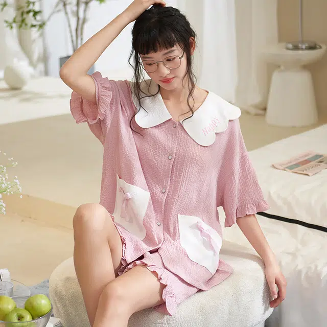 俏薇妮 简约温馨优雅大气高级感短袖短裤家居服休闲宽松舒适凉爽透气可外穿夏季睡衣套装 女款 粉红色