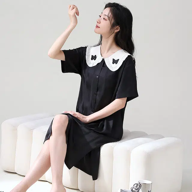 俏薇妮 简约纯色冰丝柔软时尚优雅高级感短袖家居服休闲宽松舒适凉爽透气可外穿睡裙 女款 黑色