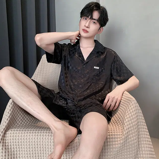 俏薇妮 格子图案宽松舒适睡衣套装 男款 黑色