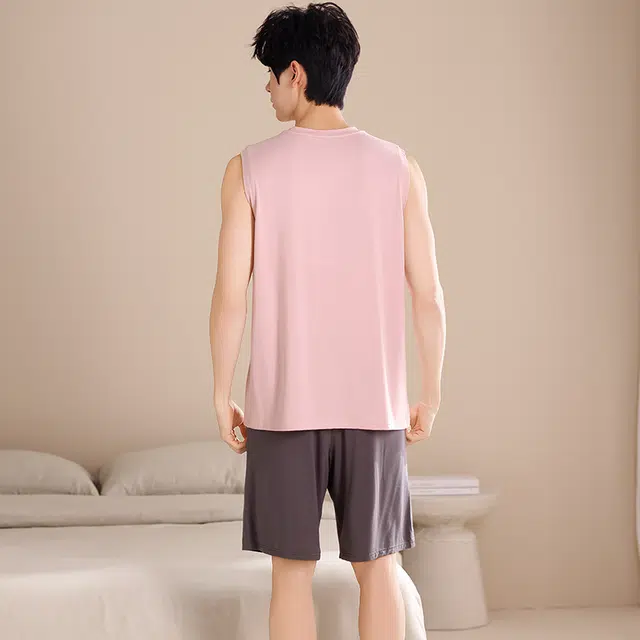 俏薇妮 柔软时尚简约纯色运动风高级感背心短裤家居服舒适透气休闲凉感可外穿睡衣套装 男款 粉红色