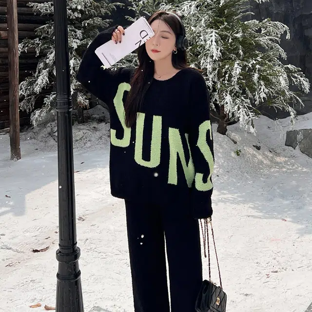 俏薇妮 时尚字母印花简约休闲可外穿蓄温保暖长袖睡衣套装 女款 黑绿色
