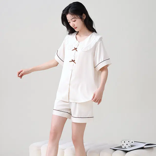 俏薇妮 简约纯色柔软时尚优雅高级感短袖家居服休闲舒适凉爽透气可外穿睡衣套装 女款 米白色