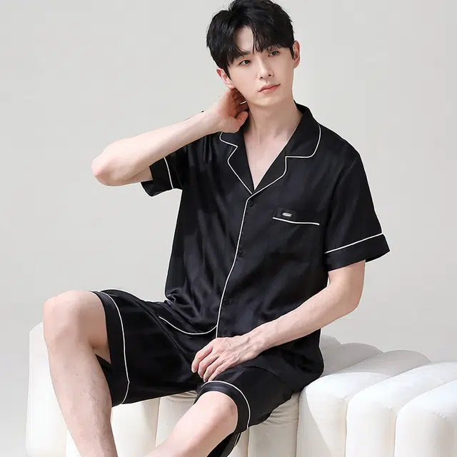 俏薇妮 简约纯色柔软时尚优雅高级感短袖短裤家居服休闲宽松舒适凉爽透气可外穿睡衣套装 男款 黑色