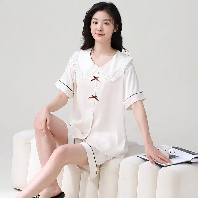 俏薇妮 简约纯色柔软时尚优雅高级感短袖家居服休闲舒适凉爽透气可外穿睡衣套装 女款 米白色