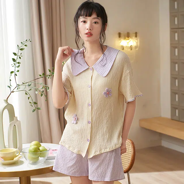 俏薇妮 简约小清新温馨可爱高级感短袖短裤家居服休闲宽松舒适凉爽透气可外穿夏季睡衣套装 女款 浅紫色
