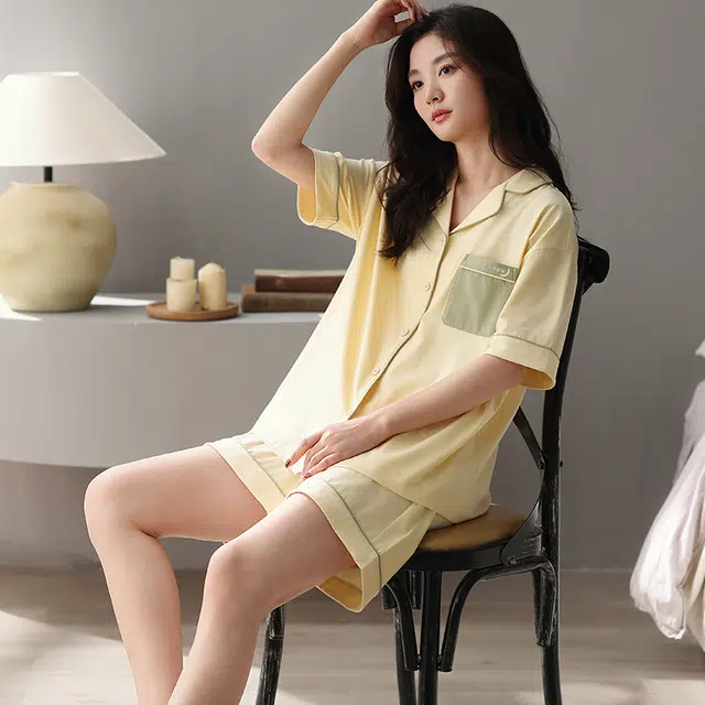 俏薇妮 简约柔软纯棉纯色翻领短袖高级感家居服休闲宽松舒适凉爽透气可外穿睡衣套装 女款 黄色