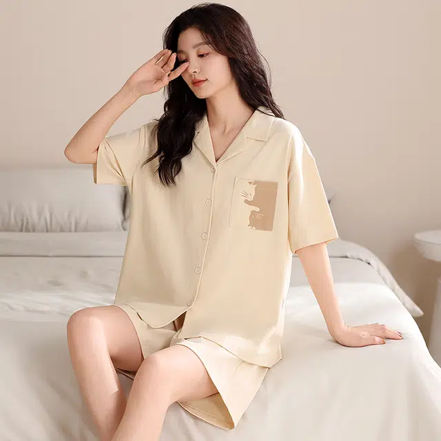 俏薇妮 简约柔软纯棉翻领短袖高级感家居服休闲宽松舒适凉爽透气可外穿睡衣套装 女款 杏色