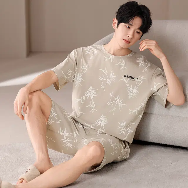 俏薇妮 简约柔软冰丝凉感高级感时尚短袖短裤家居服舒适透气休闲宽松可外穿睡衣套装 男款