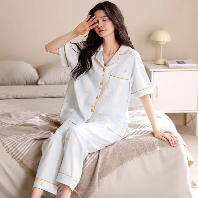俏薇妮 柔软可爱舒适时尚翻领短袖家居服休闲可外穿睡衣套装 女款 浅蓝色