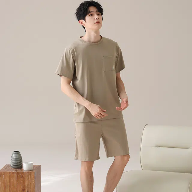 俏薇妮 柔软简约纯色高级感短袖家居服慵懒舒适透气休闲凉感可外穿睡衣套装 男款