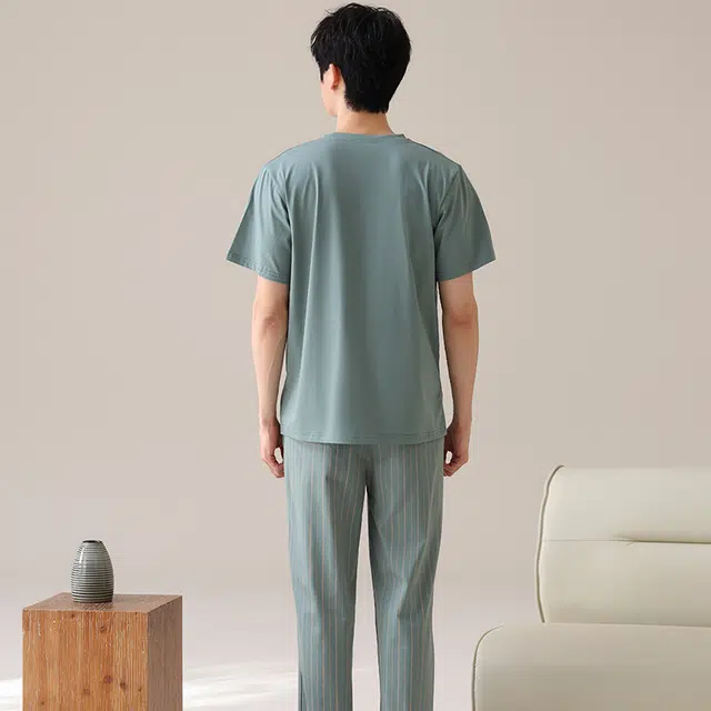 俏薇妮 柔软简约纯棉纯色时尚潮流短袖长裤家居服舒适透气休闲凉感可外穿夏季睡衣套装 男款