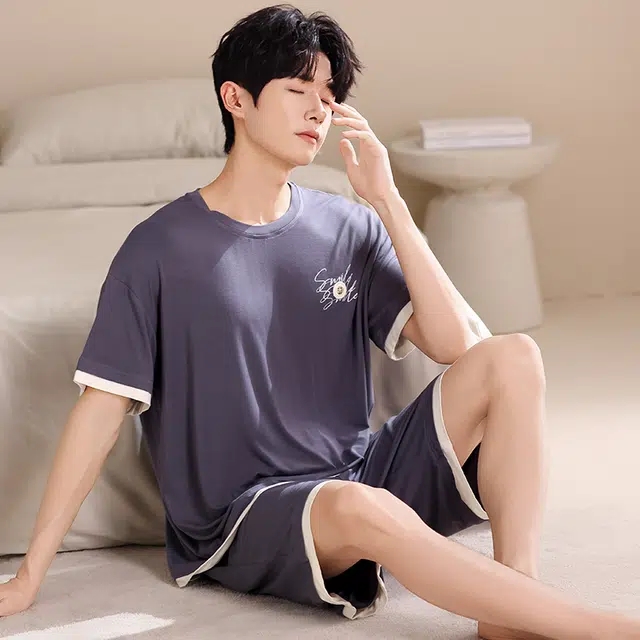 俏薇妮 简约柔软冰丝凉感时尚高级感短袖短裤家居服舒适透气休闲宽松可外穿睡衣套装 男款