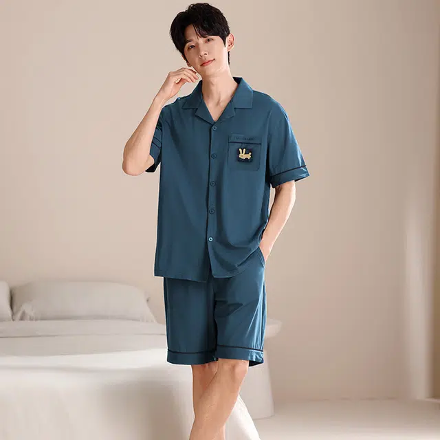 俏薇妮 简约柔软纯棉纯色翻领短袖高级感家居服休闲宽松舒适凉爽透气可外穿睡衣套装 男款 蓝色